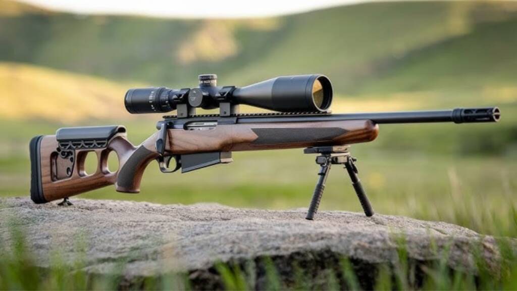 Bolt-action rifle with a wood stock and scope on a bipod